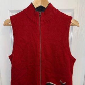 WOOLRICH 100% Lambswool Grazing Deer Full Zip Vest Red Womens M Warm Cozy Winter
